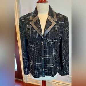 Vintage Valerie Stevens Black and White Checkered Blazer with leather trimming